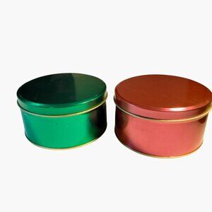 Green Red Round Metal Storage Tins Canisters Lot 2 Cookie Candy Gift